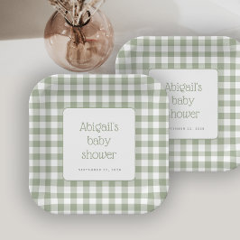Sage Green Gingham Karo Rustic Baby Dusche Pappteller