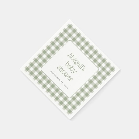 Sage Green Gingham Karo Rustic Baby Dusche Serviette (Ecke)