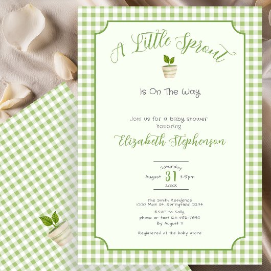 Sage Green Gingham Little Sprout Baby Shower Einladung