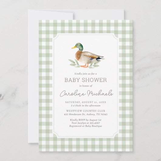 Sage Green Gingham Mallard Duck Baby Duck Einladung (Vorderseite)