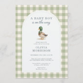 Sage Green Gingham Mallard Duck Bow Baby Shower Einladung (Vorderseite)