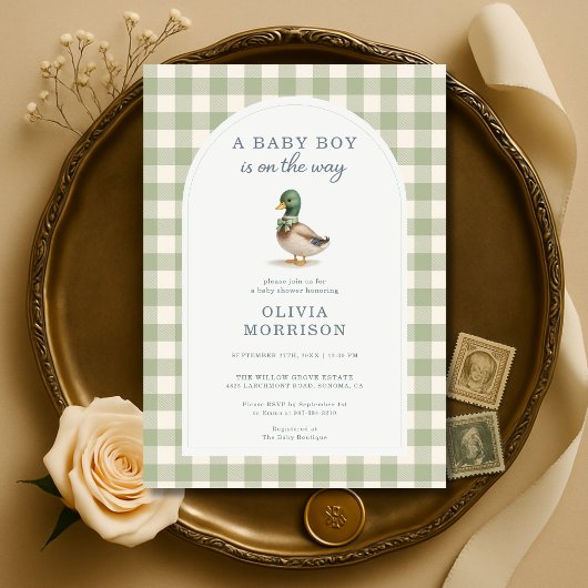 Sage Green Gingham Mallard Duck Bow Baby Shower Einladung