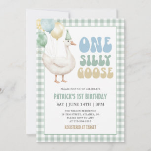 Sage Green Gingham One Silly Goose 1. Geburtstag Einladung