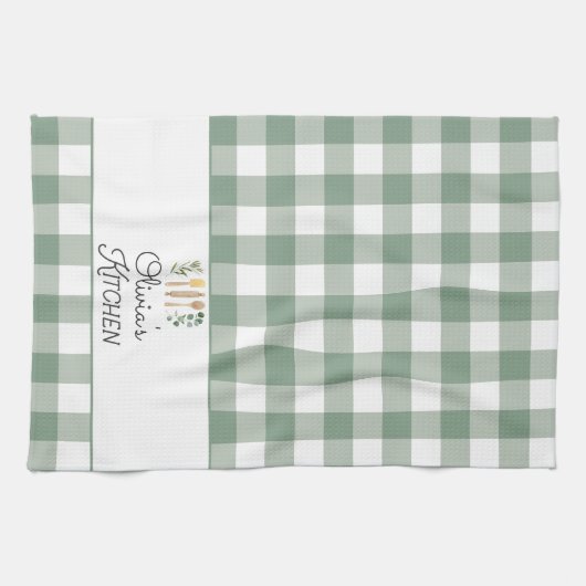 Sage Green Gingham Pattern Bauernhof Kernstück Geschirrtuch (Horizontal)