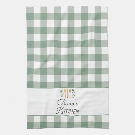 Sage Green Gingham Pattern Bauernhof Kernstück Geschirrtuch (Vertikal)