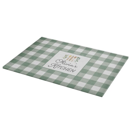 Sage Green Gingham Pattern Bauernhof Kernstück Schneidebrett (Ecke)