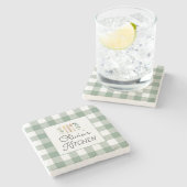 Sage Green Gingham Pattern Bauernhof Kernstück Steinuntersetzer (Seitenansicht)