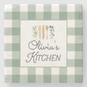 Sage Green Gingham Pattern Bauernhof Kernstück Steinuntersetzer (Vorderseite)