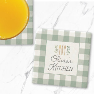 Sage Green Gingham Pattern Bauernhof Kernstück Steinuntersetzer
