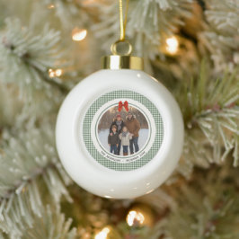 Sage Green Gingham Plaid Circle Photo Christmas Keramik Kugel-Ornament