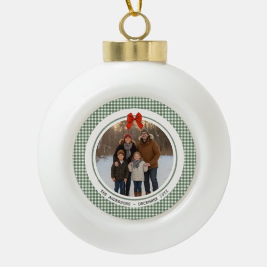 Sage Green Gingham Plaid Circle Photo Christmas Keramik Kugel-Ornament (Vorderseite)