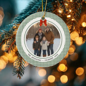 Sage Green Gingham Plaid Circle Photo Christmas Keramik Ornament