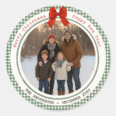 Sage Green Gingham Plaid Circle Photo Christmas Runder Aufkleber (Vorderseite)