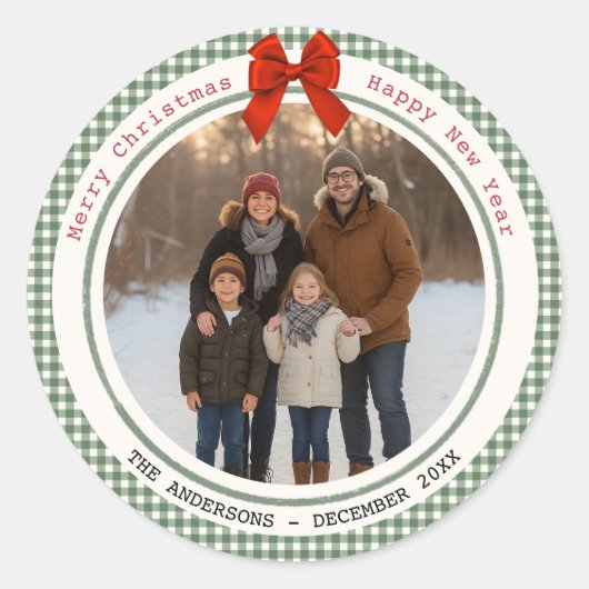 Sage Green Gingham Plaid Circle Photo Christmas Runder Aufkleber (Vorderseite)