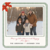Sage Green Gingham Plaid Photo Christmas Quadratischer Aufkleber (Vorderseite)
