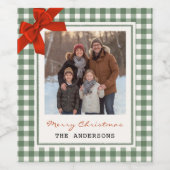 Sage Green Gingham Plaid Photo Christmas Weinetikett (Einzelnes Label)