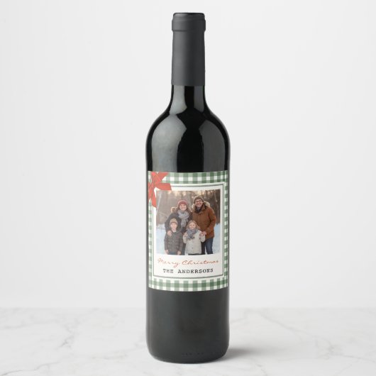 Sage Green Gingham Plaid Photo Christmas Weinetikett (Vorderseite)