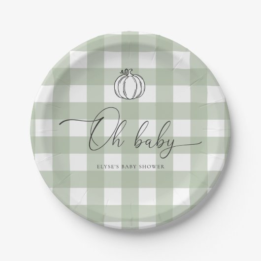 Sage Green Gingham Pumpkin Baby Dusche Pappteller (Vorderseite)