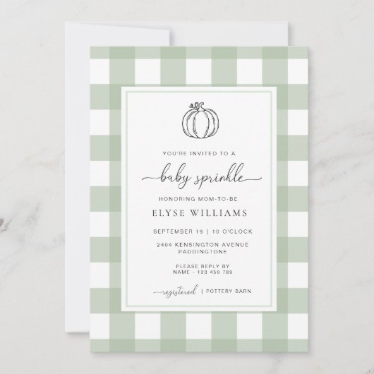 Sage Green Gingham Pumpkin Baby Sprinkle Einladung (Vorderseite)