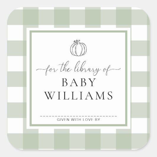 Sage Green Gingham Pumpkin Library of Buchzeichen Quadratischer Aufkleber (Vorderseite)