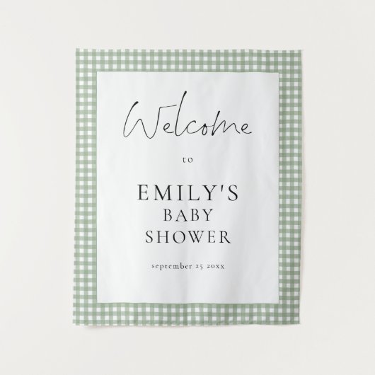 Sage Green Gingham Script Welcome Baby Shower  Wandteppich (Vorderseite)