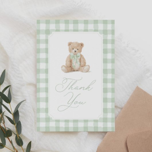 Sage Green Gingham Teddy Bear Baby Shower Dankeskarte