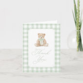 Sage Green Gingham Teddy Bear Baby Shower Dankeskarte (Vorderseite)