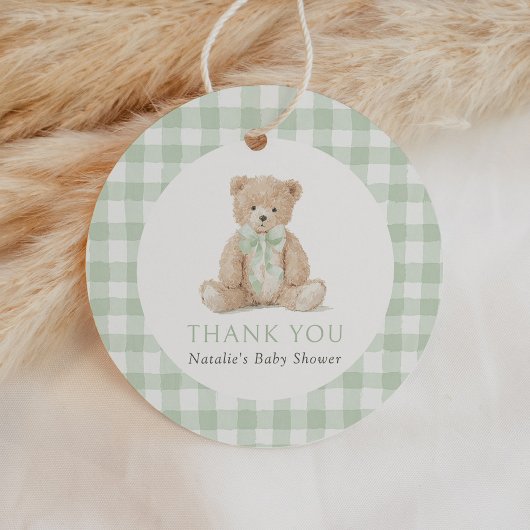 Sage Green Gingham Teddy Bear Baby Shower Geschenkanhänger