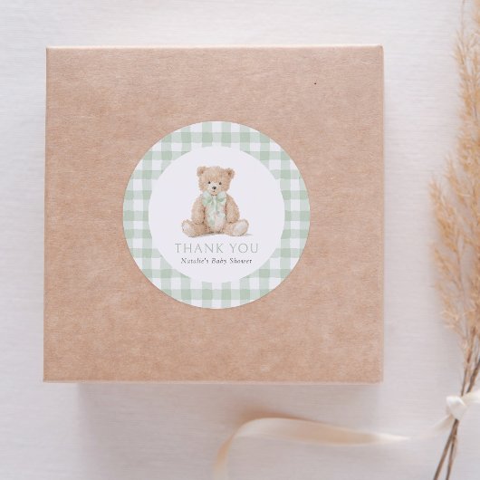 Sage Green Gingham Teddy Bear Baby Shower Runder Aufkleber