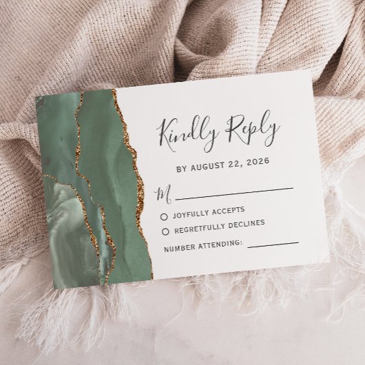 Sage Green Gold Agate Wedding RSVP