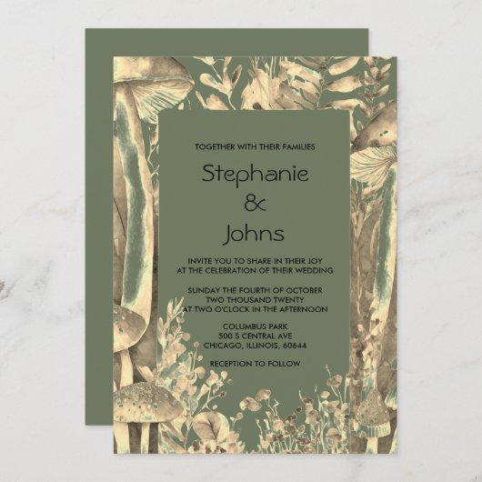Sage Green Gold Artistic Mushroom Woodland Hochzei Einladung (Vorne/Hinten)