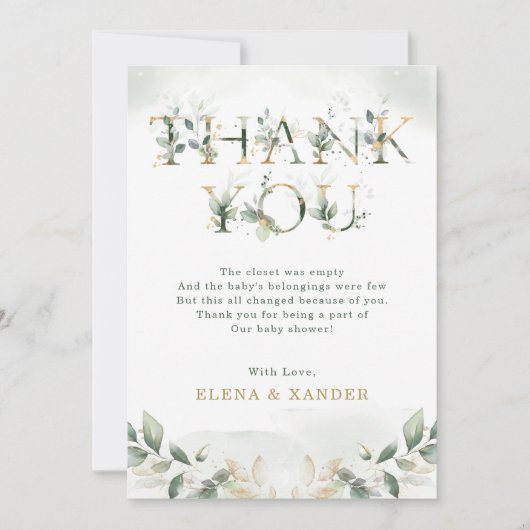 Sage Green Gold Blätter Kinderdusche Danke Karte (Vorderseite)