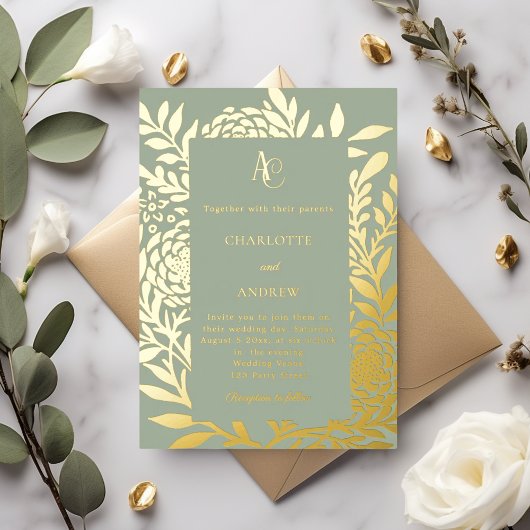 Sage green gold botanical monogram luxury wedding folieneinladung
