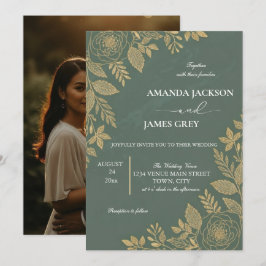 Sage Green Gold Botanical Photo Back Wedding Invit Einladung