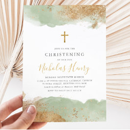 Sage Green Gold Cross Boys Taufe Christening Einladung