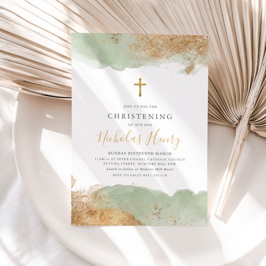 Sage Green Gold Cross Boys Taufe Christening Einladung