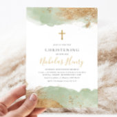 Sage Green Gold Cross Boys Taufe Christening Einladung