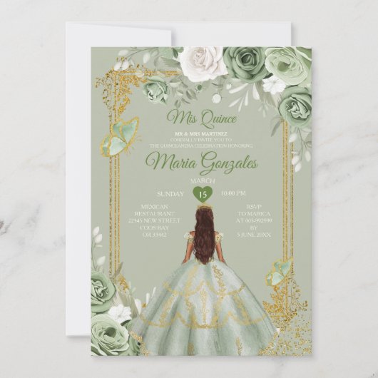 Sage Green Gold Crown Mis Quince 15 Anos Kleider Einladung (Vorderseite)