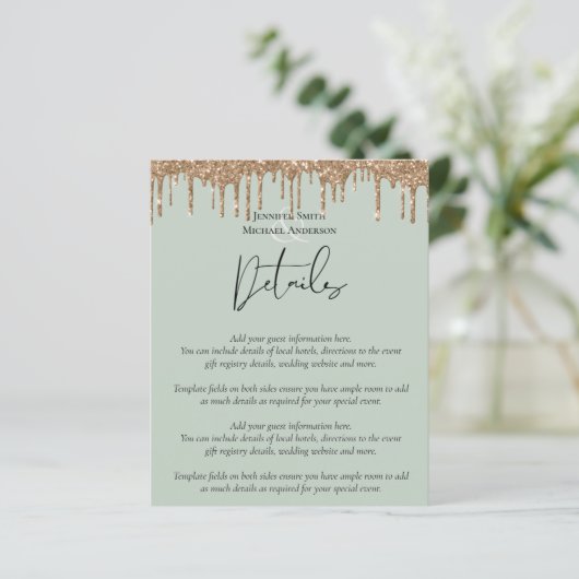 Sage Green Gold Dripping Glitzer Hochzeitsskript (Stehend Vorderseite)
