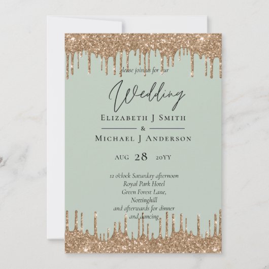 Sage Green Gold Dripping Glitzer Hochzeitsskript (Vorderseite)