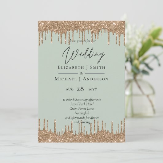 Sage Green Gold Dripping Glitzer Hochzeitsskript (Stehend Vorderseite)