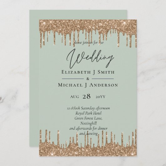 Sage Green Gold Dripping Glitzer Hochzeitsskript (Vorne/Hinten)