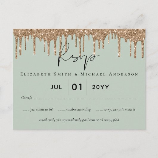 Sage Green Gold Dripping Glitzer Hochzeitsskript Postkarte (Vorderseite)