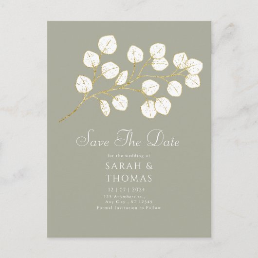 Sage Green Gold Eucalyptus-Blätter Save the Date Postkarte (Vorderseite)