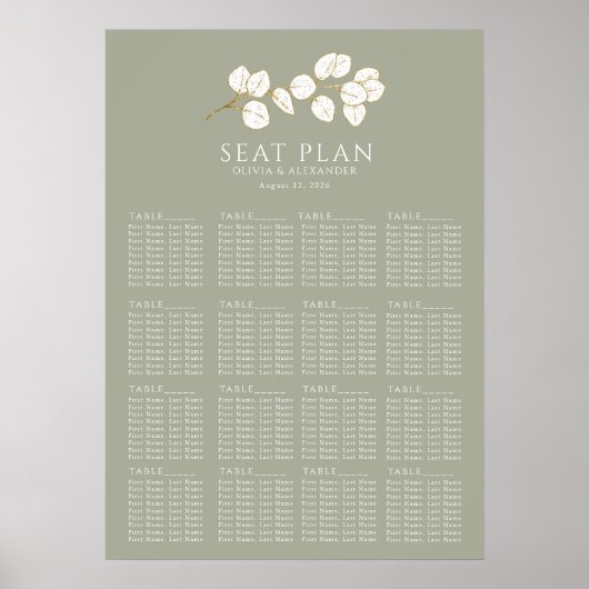 Sage Green Gold Eucalyptus Blätter Sitzkarten Poster (Vorne)