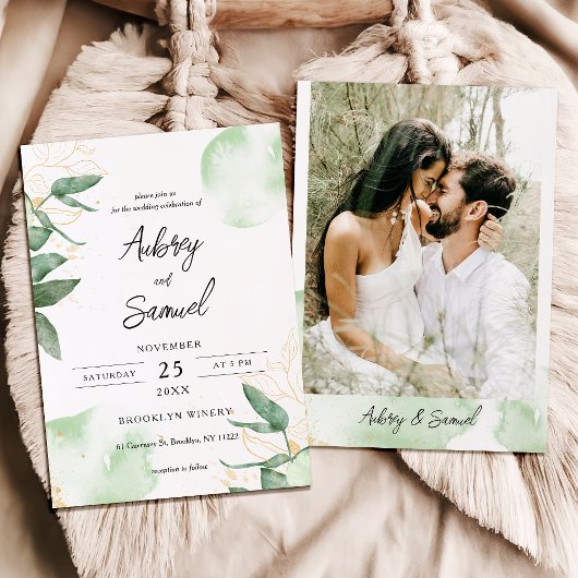 Sage Green Gold Eucalyptus Foto Wedding Einladung