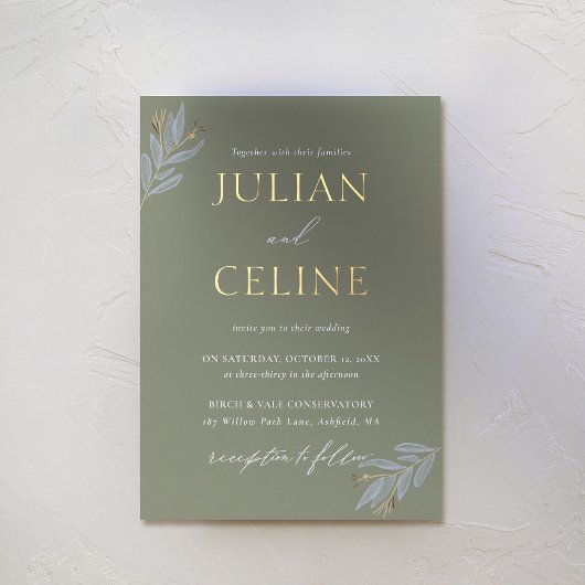 Sage Green Gold Fall Winter Grüne Hochzeit Folieneinladung