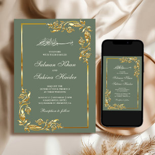 Sage Green Gold Floral Border Ismic Wedding Einladung