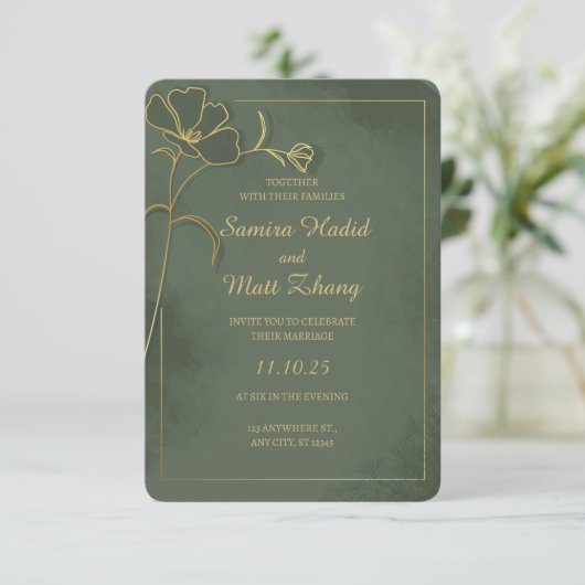 Sage Green Gold Floral Elegant Wedding Invitation (Stehend Vorderseite)