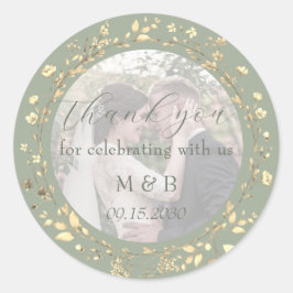 Sage Green Gold Floral Photo Wedding Thank You Runder Aufkleber